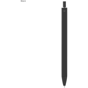 A black plastic pen with a smooth finish and a logo on the barrel.