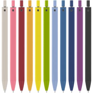 A collection of plastic pens in various colours including pink, orange, yellow, green, blue, purple, and black, with a logo.