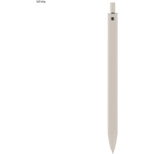 A white plastic pen with a sleek design and a subtle logo on the body.
