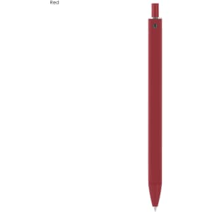 A red plastic pen with a sleek design and a logo near the top.