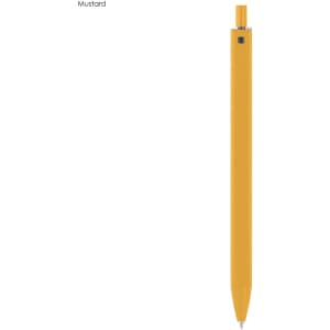 A mustard yellow plastic pen with a sleek design and a subtle logo on the side.