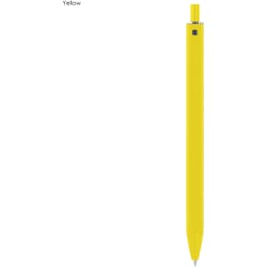 A yellow plastic pen with a sleek design and a visible logo near the top.
