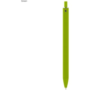 A bright green plastic pen with a sleek design and a logo on the barrel.