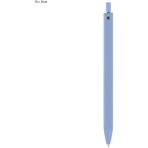 A plastic pen in sky blue with a shiny finish and a silver clip. It features a logo on the barrel.