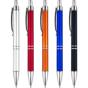 A collection of plastic pens in silver, red, orange, blue, and black with metallic accents and a textured grip.