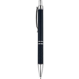 A black plastic pen with silver accents and a textured grip. The pen has a logo on its barrel.
