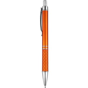 An orange plastic pen with a textured grip and chrome accents, featuring a logo.