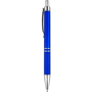 A blue plastic pen with silver accents and a textured grip. It features a metal clip and has a logo.