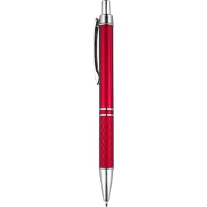 A red plastic pen with silver accents and a textured grip, featuring a logo.