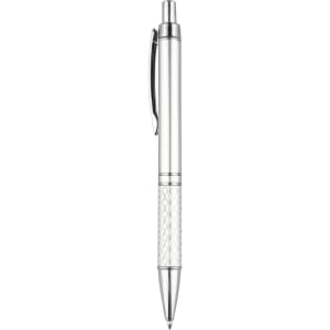 A silver plastic pen with a textured grip and a clip, featuring a branding logo on the barrel.