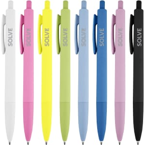 A collection of plastic pens in white, pink, yellow, green, blue, and black, featuring a logo on each pen.