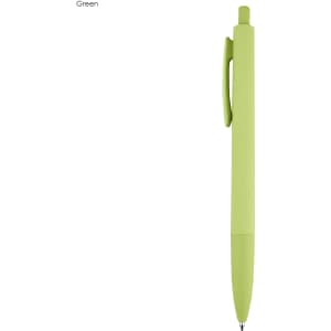 A green plastic pen with a smooth finish and a clip for easy attachment. It features a logo on the barrel.