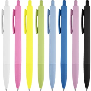 A collection of plastic pens in white, pink, yellow, green, light blue, dark blue, lavender, and black, featuring logos.