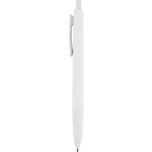 A white plastic pen featuring a clip and a rounded tip, with a simple design and a logo present.