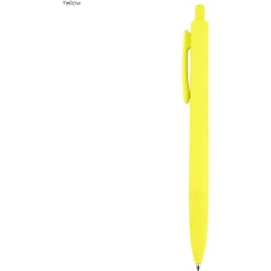 A yellow plastic pen with a smooth design and a clip. The pen features a logo on its body.