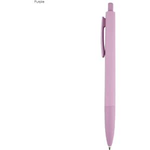 A purple plastic pen with a smooth finish and a clip. It features a rounded body and a retractable tip.