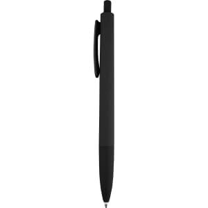 A black plastic pen with a sleek design and a clip on the side, featuring a logo.