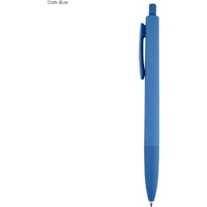 A dark blue plastic pen with a smooth finish and a clip for easy attachment. It features a logo on the body.