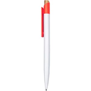 A plastic pen featuring a white barrel and a red clip, with a gold accent at the tip. It has a logo on the barrel.