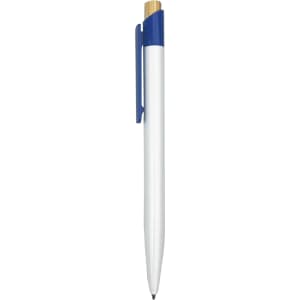 A white plastic pen with a blue clip and top, featuring a simple design and a branding logo.