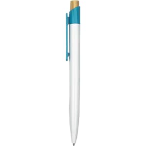 A plastic pen with a white body and a turquoise clip, featuring a gold-coloured tip and a logo.