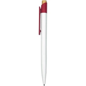 A plastic pen with a white barrel and red accents, featuring a clip and a wooden top. It has a logo on the side.