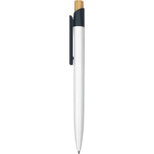 A minimalist plastic pen with a white barrel, black clip, and a wooden top. Contains a logo on the side.