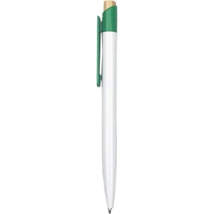 A plastic pen with a white barrel and green accents, featuring a clip and a gold top.