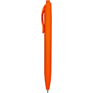 An orange plastic pen with a clip and a branded design.
