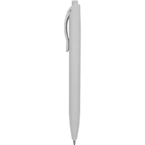 A grey plastic pen with a clip and a rounded design. The pen features a brand logo on its surface.