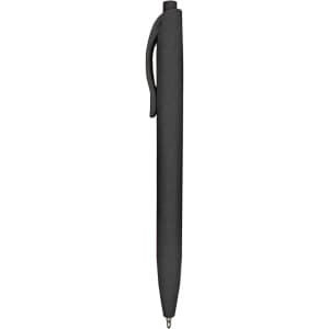 A black plastic pen featuring a clip and a smooth writing tip. It includes a logo on the body.