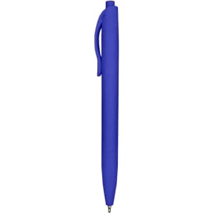A blue plastic pen with a sleek design and a clip, featuring a branding logo.