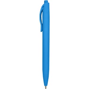 A blue plastic pen with a clip and smooth finish. The pen features a branding logo.