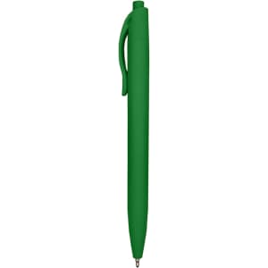 A green plastic pen with a comfortable grip and a clip for easy attachment. It features a logo.