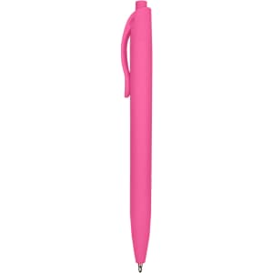 A pink plastic pen with a clip and a smooth writing tip, featuring a branding logo.