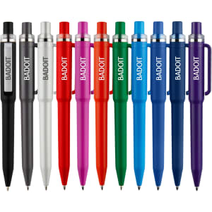 A collection of plastic pens in black, silver, red, green, blue, and purple, featuring a logo on each pen.