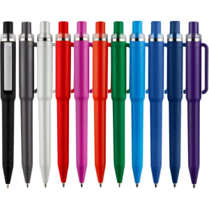 A collection of Stanley plastic pens in various colours, including black, red, blue, green, purple, and pink, with a logo.