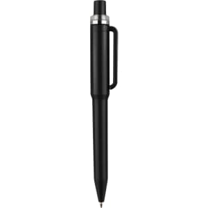 A black plastic pen with a silver clip and detailing, featuring a simple, sleek design. It has a logo on the barrel.