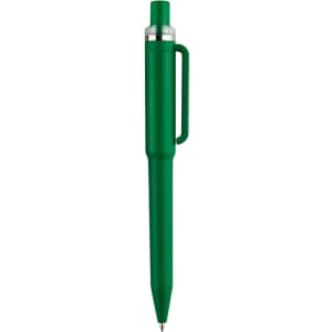 A green plastic pen with a clip and a silver tip, featuring a branding logo.