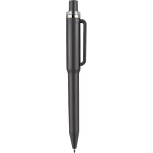 A black plastic pen with a silver accent and a clip attached. The pen has a sleek, streamlined design.