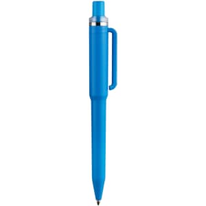 A blue plastic pen with a clip and a silver accent, featuring a simple design and a logo.