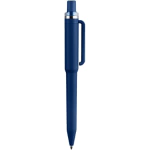 A blue plastic pen with a silver tip and an attached clip, featuring a logo.