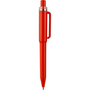 A red plastic pen with a click mechanism and a clip, featuring a simple design and a logo on the barrel.