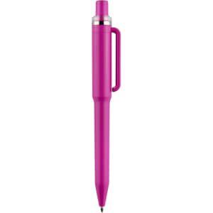 A pink plastic pen with a clip and a shiny silver trim, featuring a logo near the top.