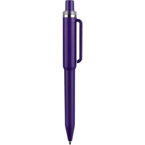 A purple plastic pen featuring a clear grip and a clip for easy carrying. It has a logo on the body.