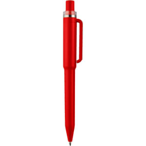 A red plastic pen with a silver clip and tip, featuring a branding logo on its side.