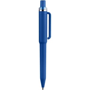 A blue plastic pen with a silver tip and clip, featuring a logo on its body.