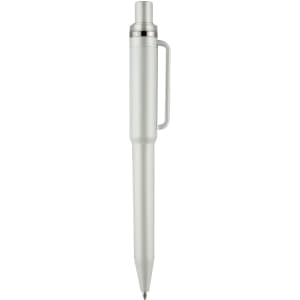 A plastic pen in white with a silver clip and tip, featuring a simple design and a branding logo.