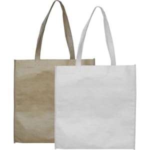 Two paper bags are displayed, one in brown and the other in white, both with handles and a logo.