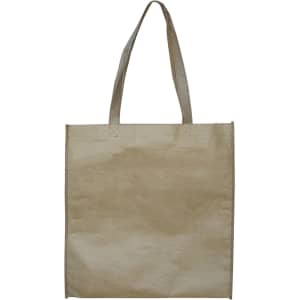 A beige paper bag with two handles and no gusset, featuring a simple design and a logo on one side.